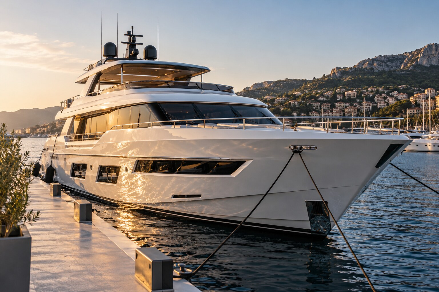 Fictional motor yacht in a marina