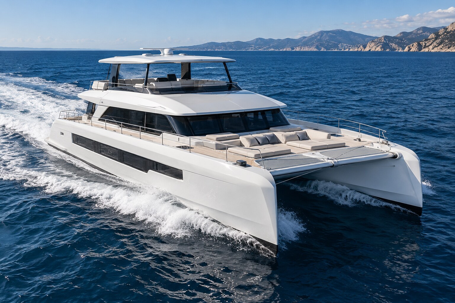 Fictional power catamaran underway