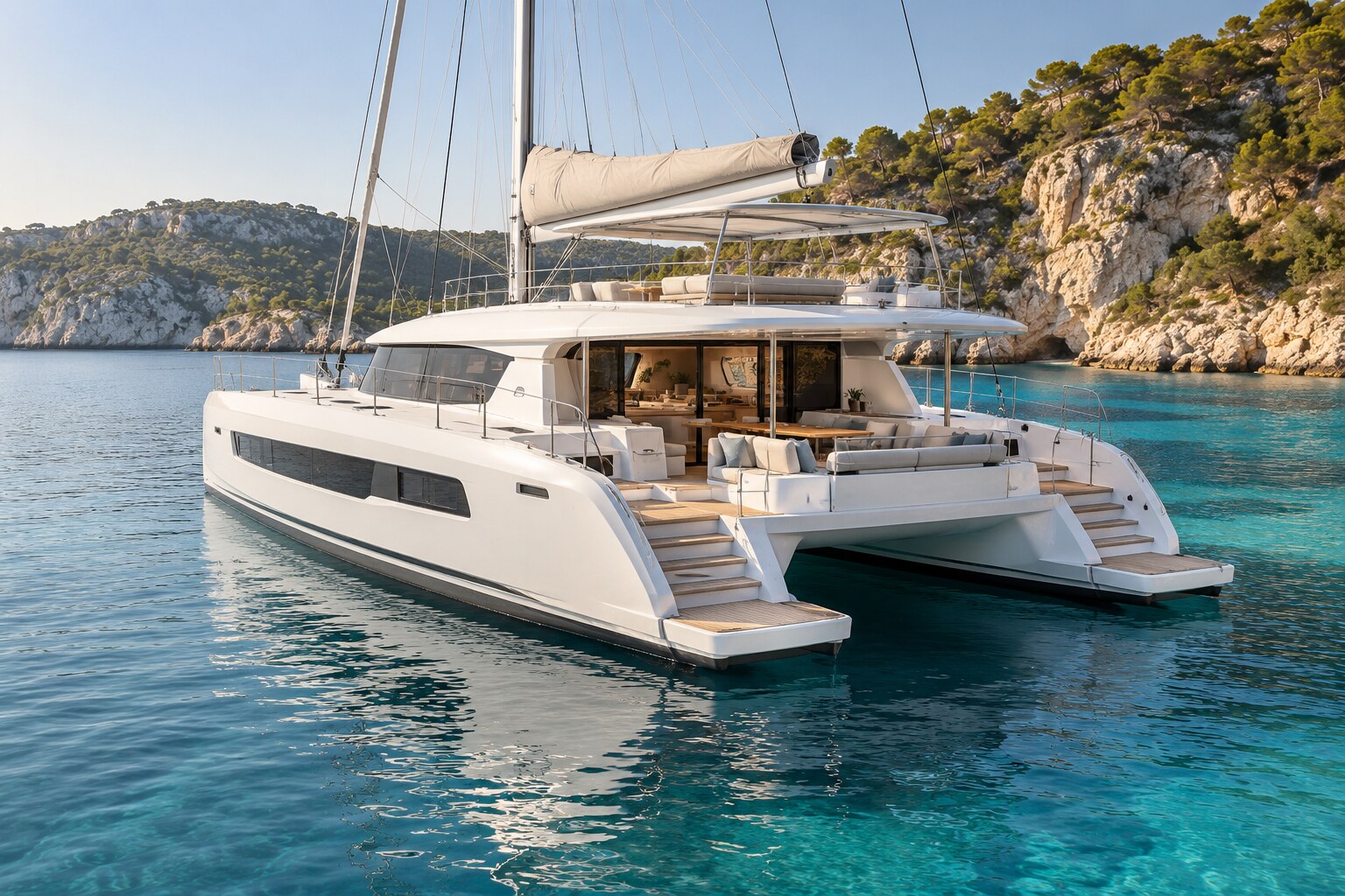 Fictional sailing catamaran at anchor