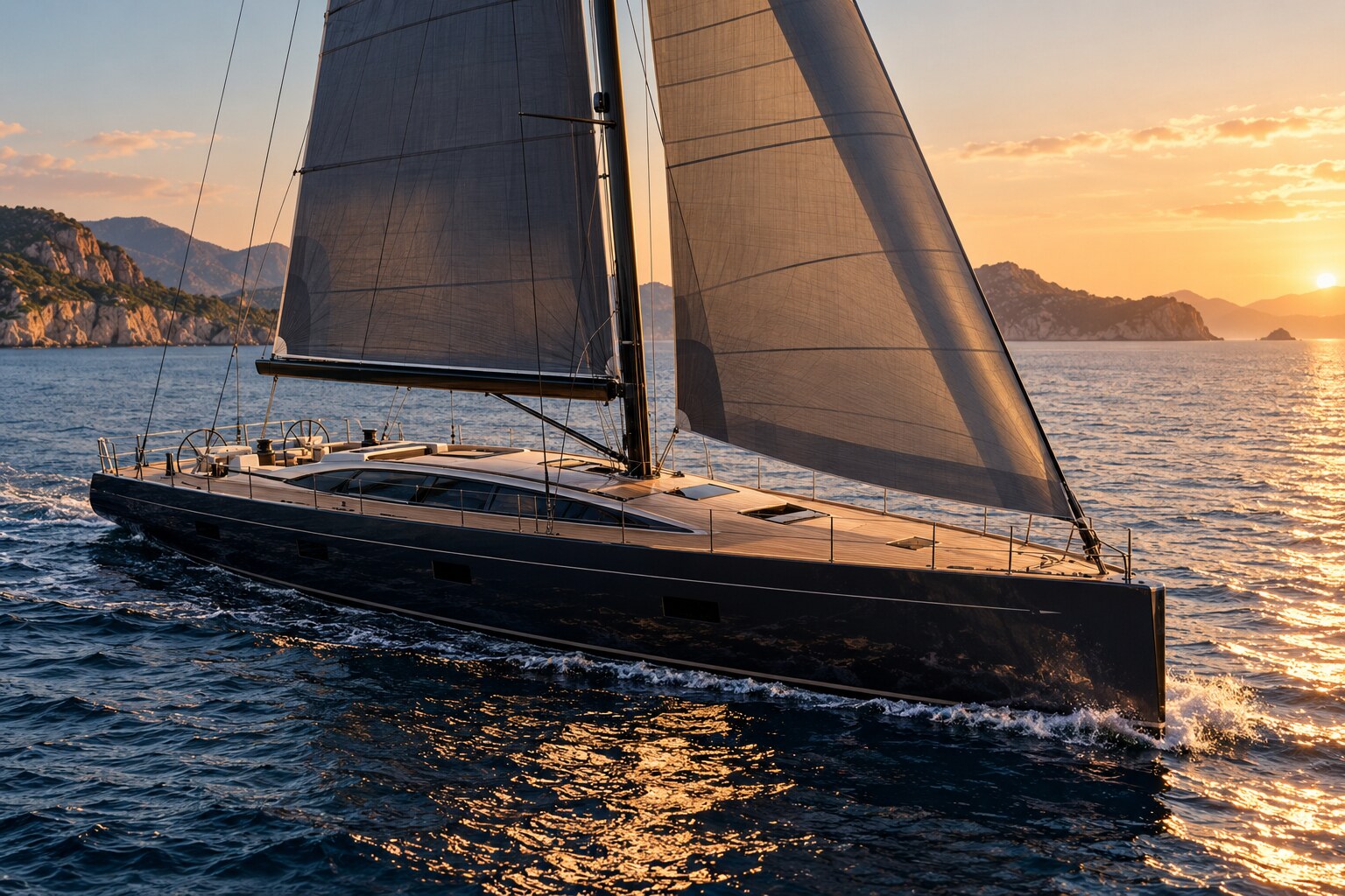 Fictional sailing yacht at sunset